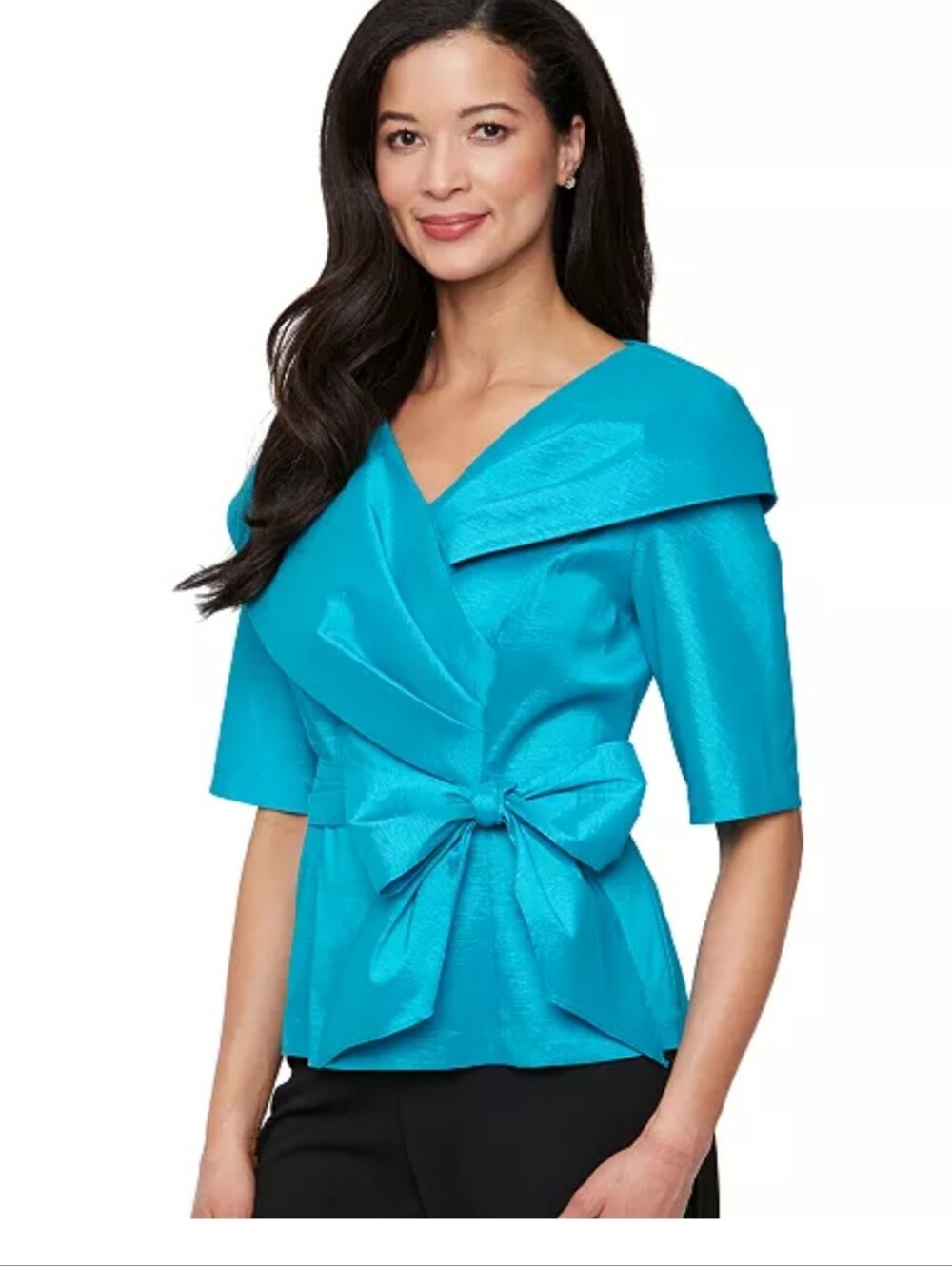 Alex Evenings NWT Turquoise Blue Ruffle Wrap Belted Blouse Top LP $139